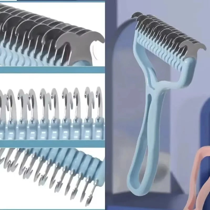 A close-up view of a light blue pet hair removal comb or brush used for grooming dogs and cats.