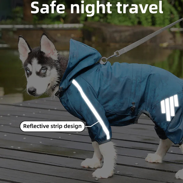 A dog wearing a blue waterproof raincoat with reflective strips is standing on a wooden deck.
