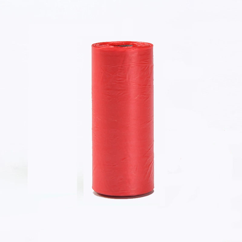 A roll of multi-color continuous dog poop bags in red.