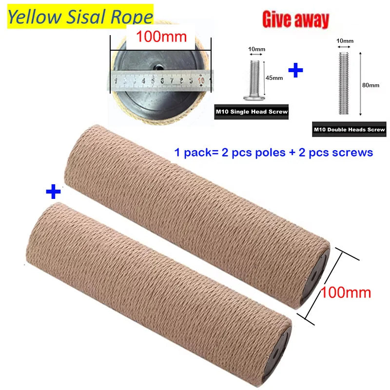 A roll of yellow sisal rope with accompanying M10 screws and poles for cat trees.