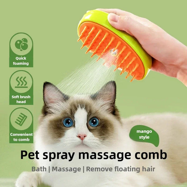 A hand is using an orange silicone brush on a cat for pet spray massage and floating hair removal.