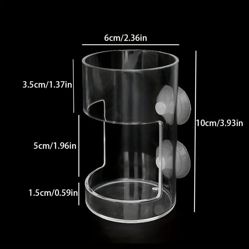 Clear plastic aquarium fish feeder ring with measurements and attached discs.