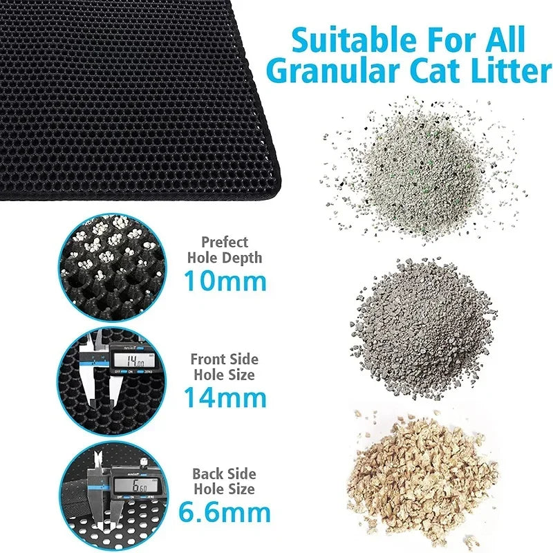 Un tapis pour litière de chat noir avec des trous de différentes tailles pour la litière granulaire.