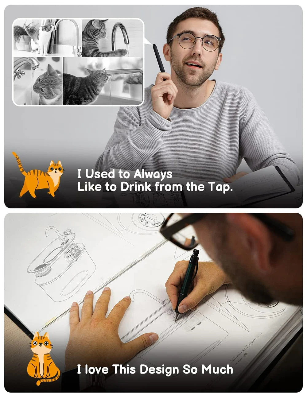 Ein Mann hält einen Stift und betrachtet eine Designzeichnung, mit einer Katze in der Nähe.