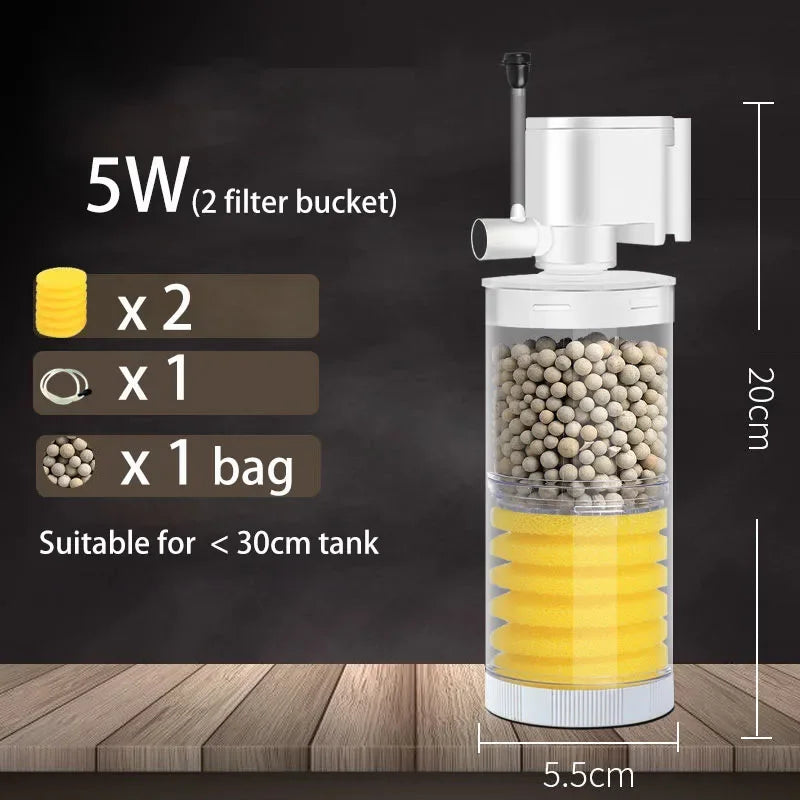 A white submersible aquarium filter with a clear tank, yellow filter material, and accessories shown on a wooden surface.