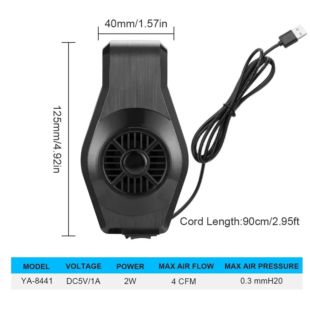 A black USB aquarium cooling fan with a cord, showing its dimensions and specifications.