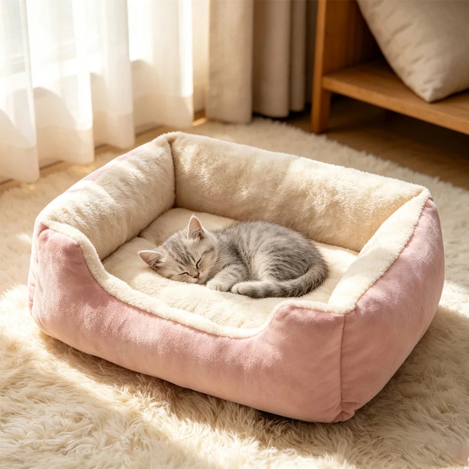 A fluffy gray cat is sleeping inside a pink plush pet bed on a light-colored rug.