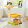 A yellow flower cat tree with a scratching post, hammock, and cozy top perch, featuring a cat on the perch.
