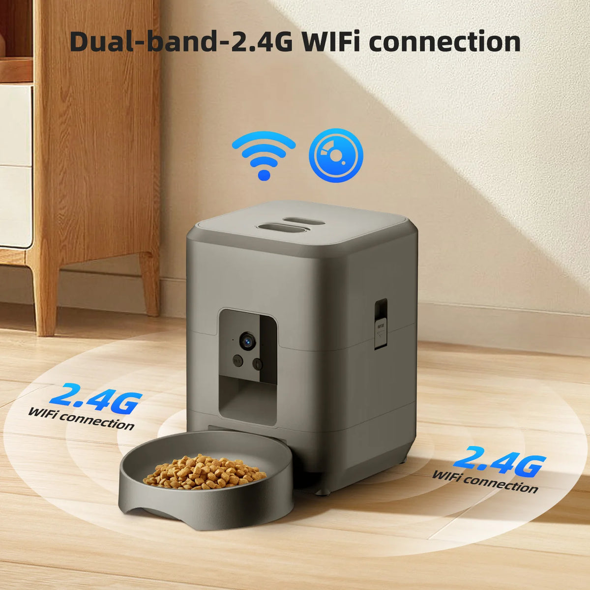 Comedero inteligente para mascotas gris con cámara, mostrando conexión WiFi 2.4G de doble banda.