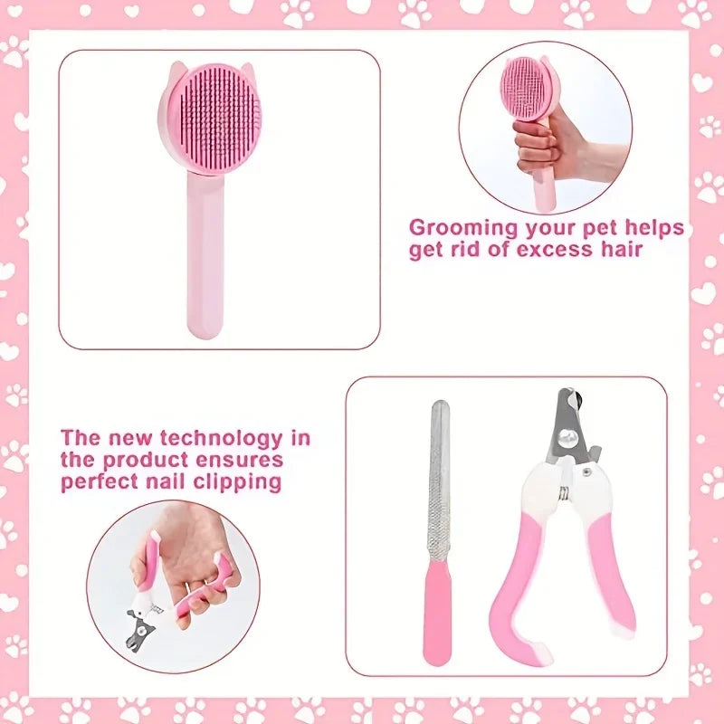 Haustier-Grooming-Set mit rosa Bürste und Nagelschere.