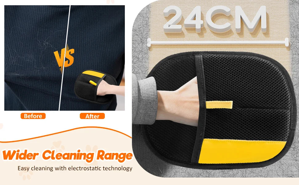 Comparison showing before and after results of using 2-in-1 pet grooming gloves for hair removal and cleaning.