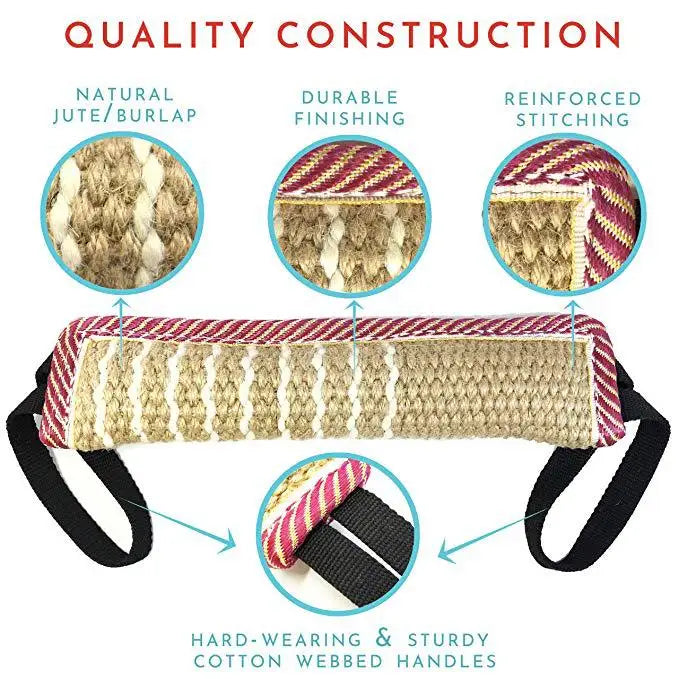 Natural jute/burlap construction showing durable finishing and reinforced stitching on a dog tug toy.