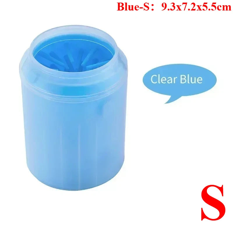 A clear blue portable paw washer cup with soft silicone bristles.
