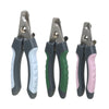 A set of stainless steel pet nail clippers for dogs and cats in gray, green, and pink handles.
