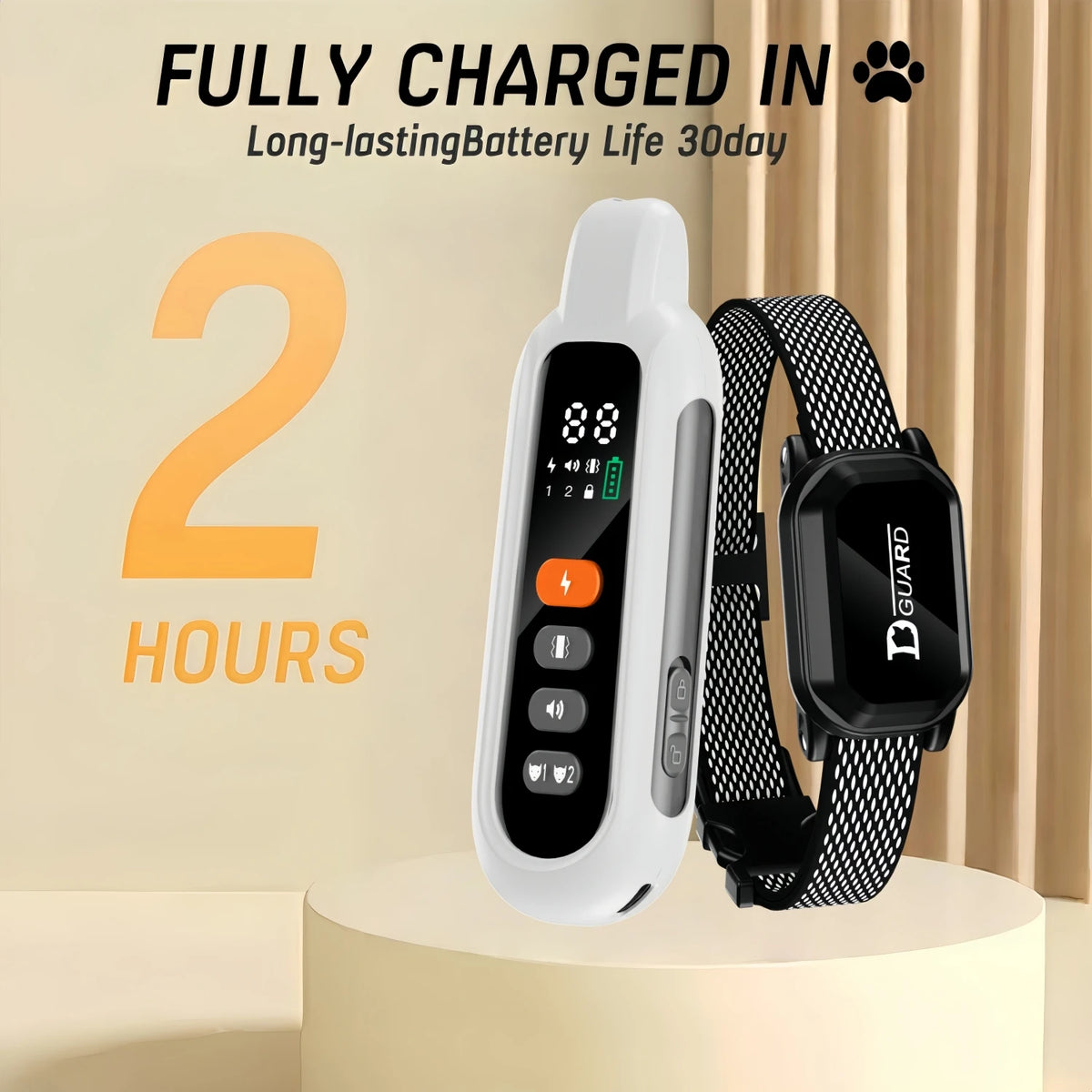 A white remote dog training collar is shown next to a black strap on a light-colored surface.
