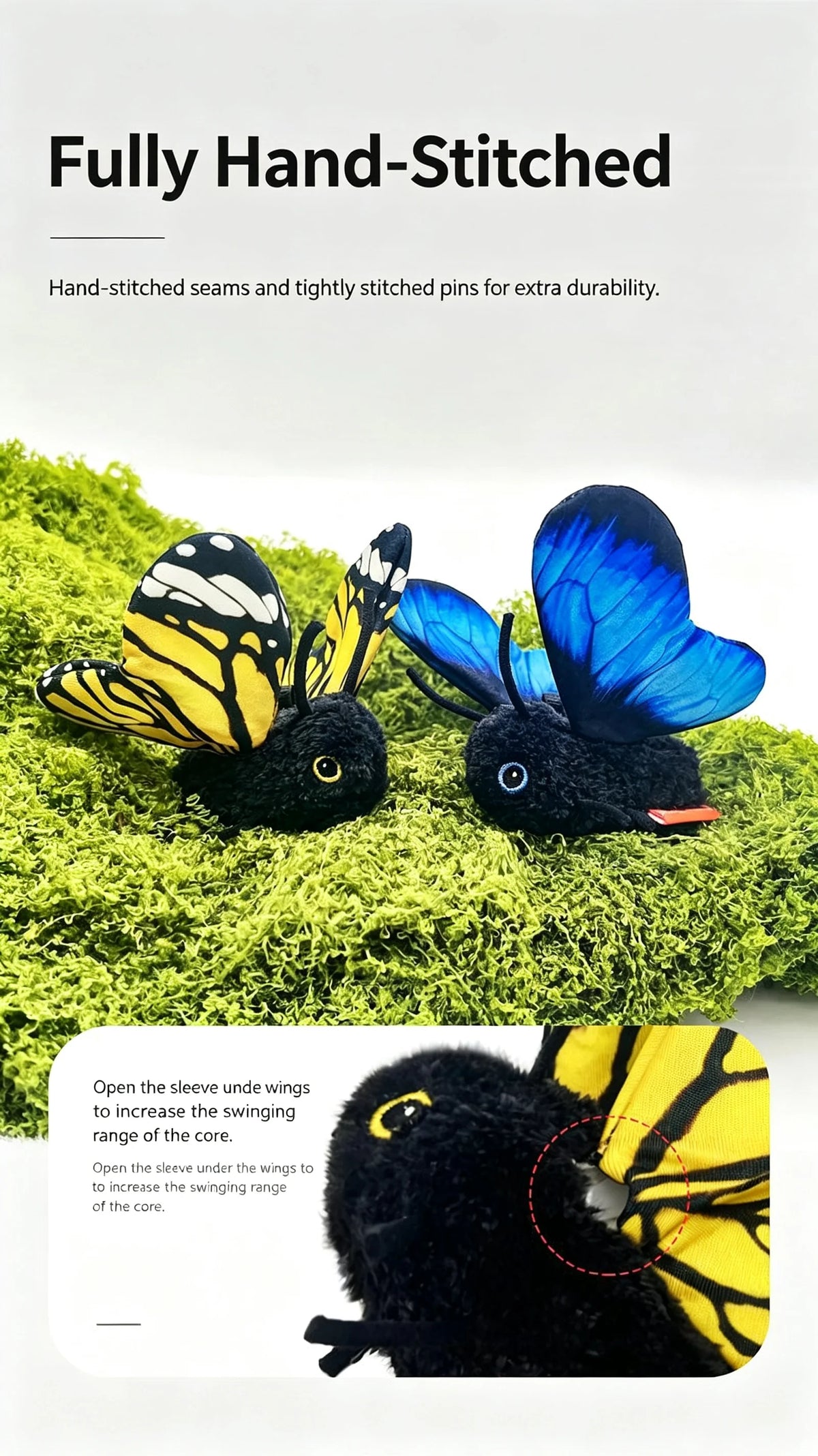 A black butterfly cat toy with yellow stripes is shown resting on green moss, demonstrating its fully hand-stitched construct
