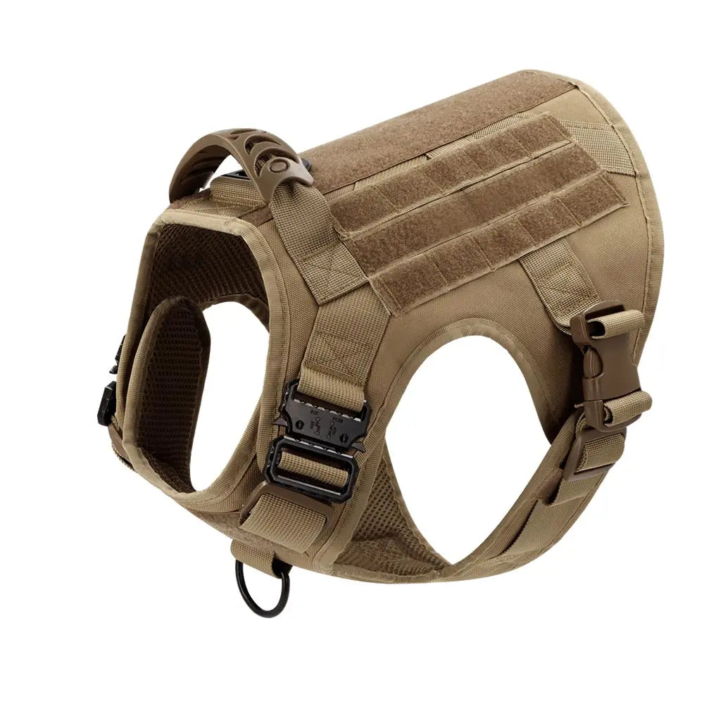 A tan durable dog harness and leash set for training.