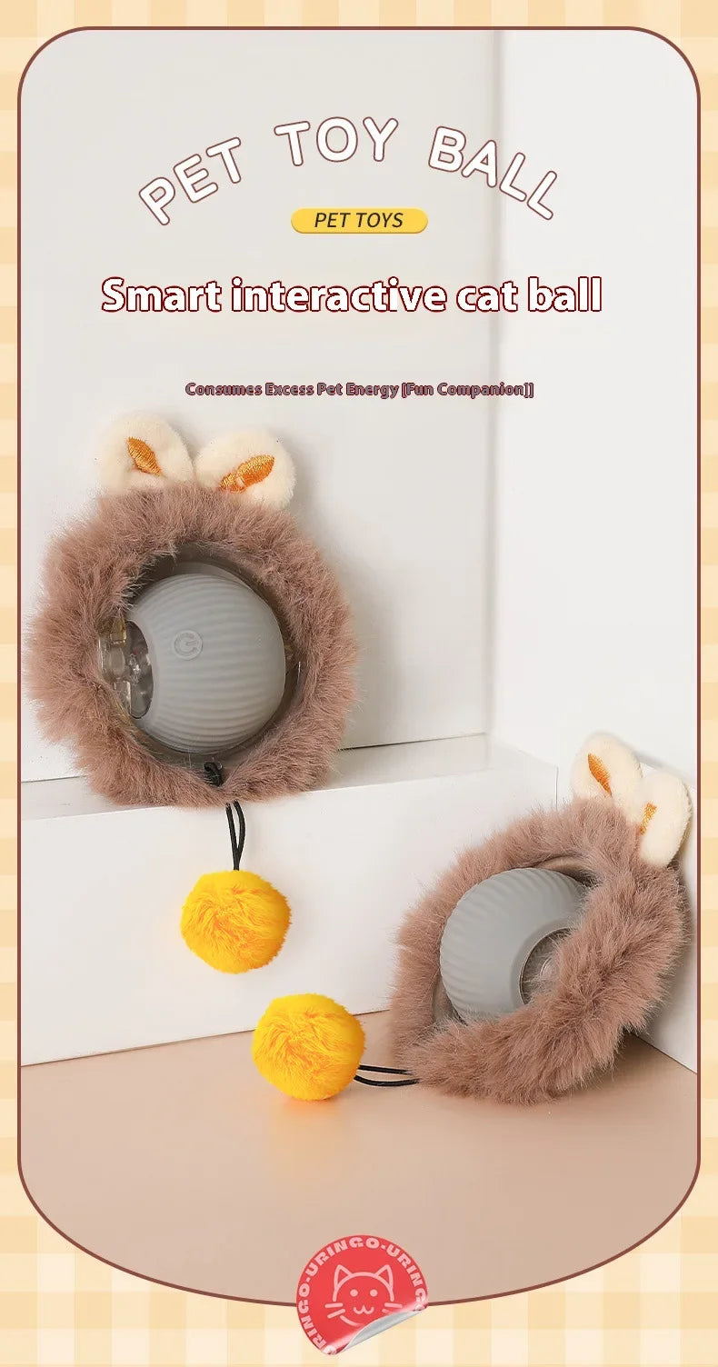A smart interactive cat ball toy with a furry outer layer and a yellow ball, shown on a white surface.