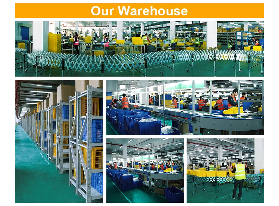 Warehouse interior showing plastic chicken eggs and nesting boxes stored on racks and tables.