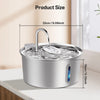 A stainless steel pet water fountain with a visible water level window is shown on a countertop.