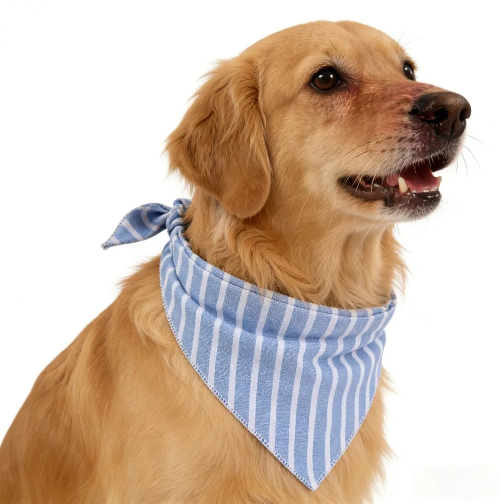 Blue White Striped Cotton Dog Bandana with Adjustable Fit