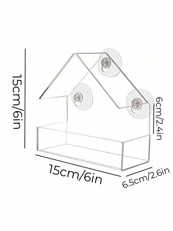 Clear acrylic window bird feeder with a pitched roof and feeding tray, shown with dimensions.
