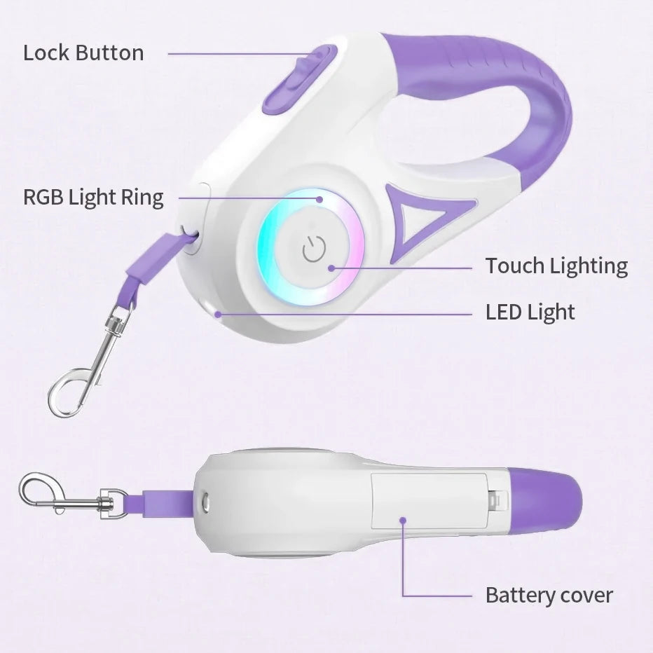 A white and purple LED retractable dog leash is shown with various features like a lock button, RGB light ring, touch lightin
