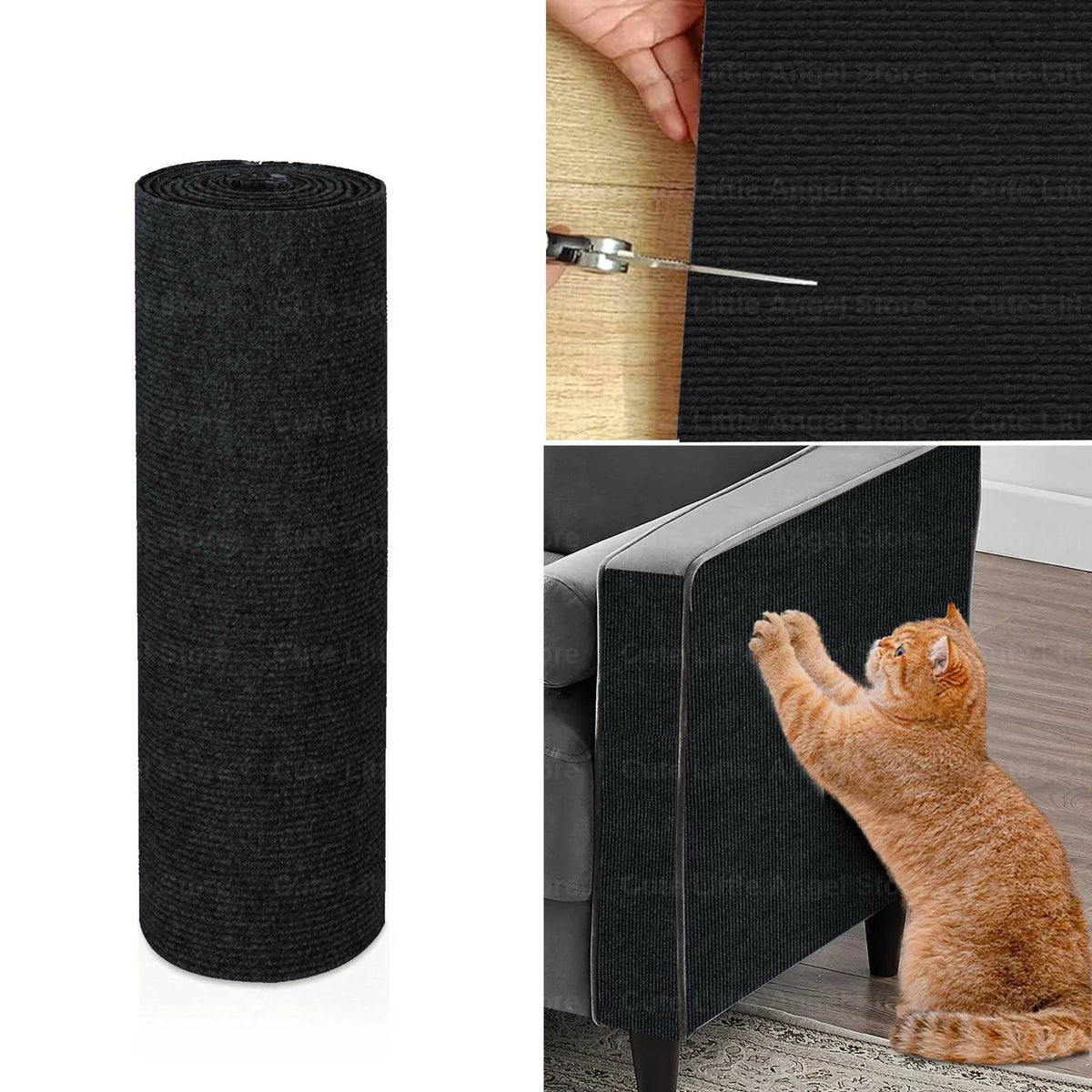 Rouleau de protection autocollante pour griffes de chat avec un outil métallique, à côté d'un morceau de bois.