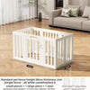 White indoor pet fence with a door and vertical slats shown on a wooden floor.