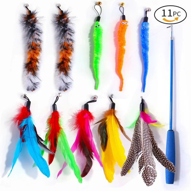 A variety pack of interactive cat toys featuring plush feathers and a telescopic pole for play.