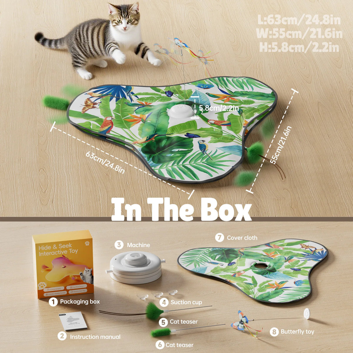 A green and white interactive cat toy featuring a hide and seek design with feathers and a suction cup.
