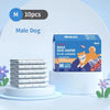 Box of 10 disposable male dog diapers for puppies displayed on a white stand.