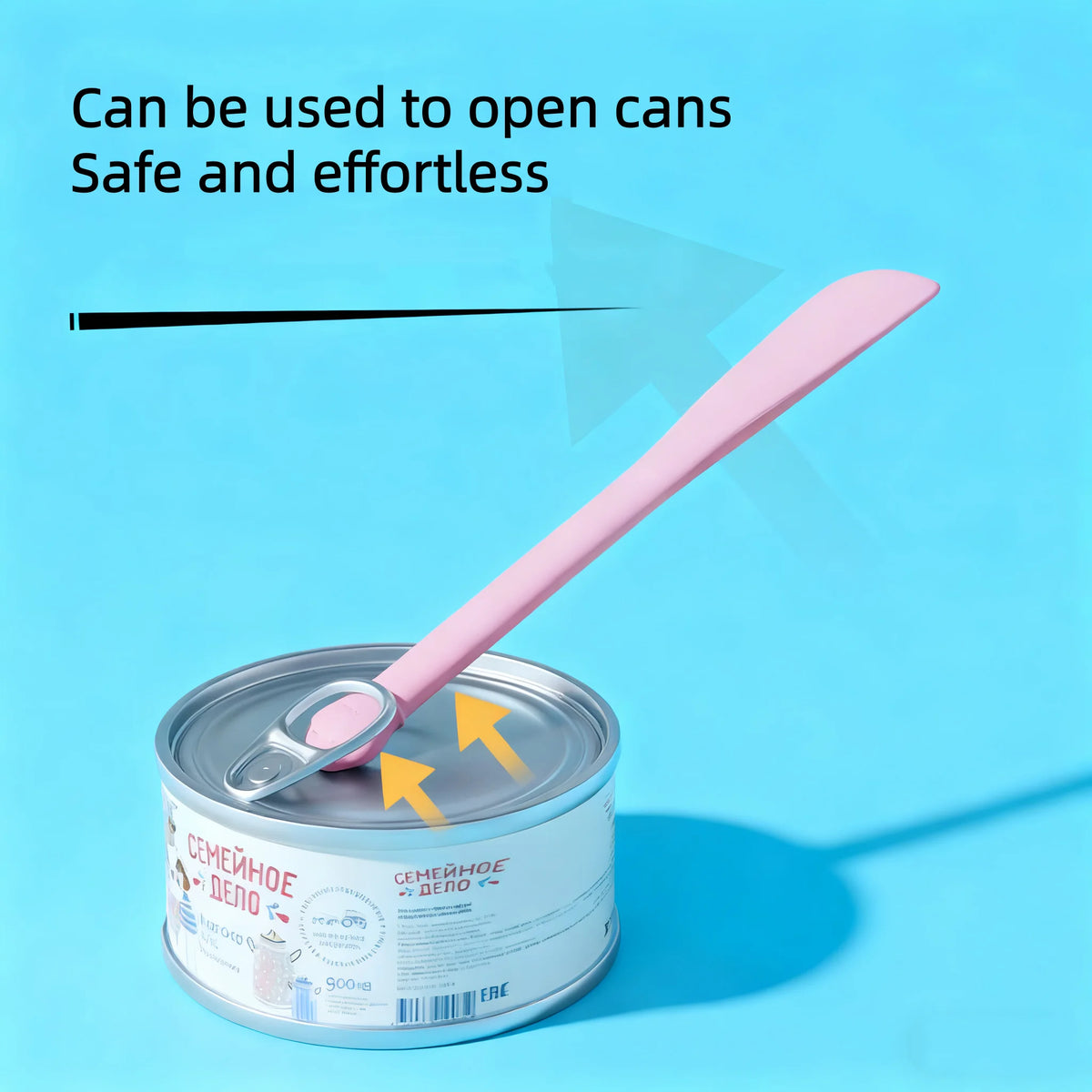 A pink multi-purpose pet feeding spoon with a built-in can opener is shown next to a can.