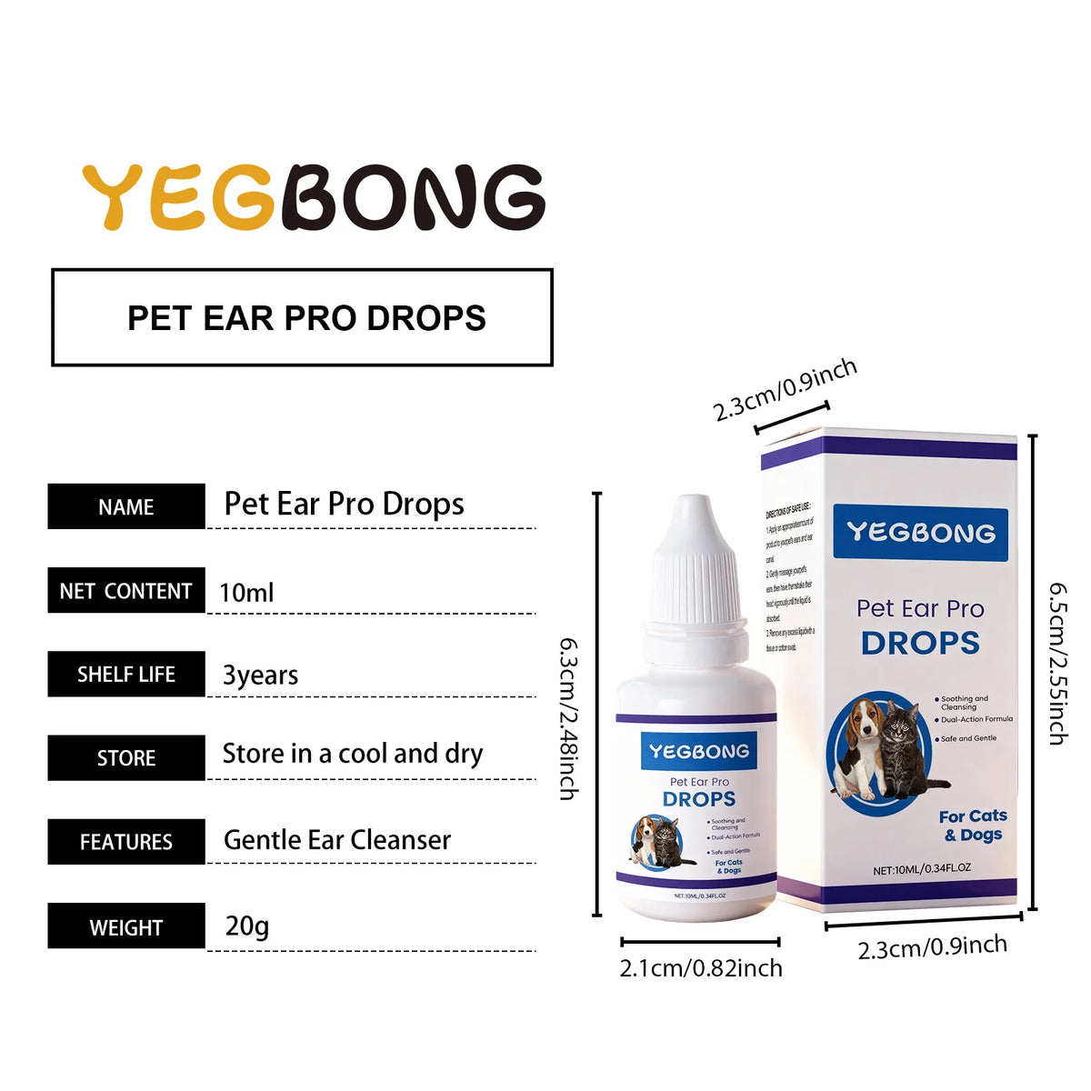 Yegbong Pet Ear Pro Drops bottle and box for gentle ear cleaning of dogs and cats