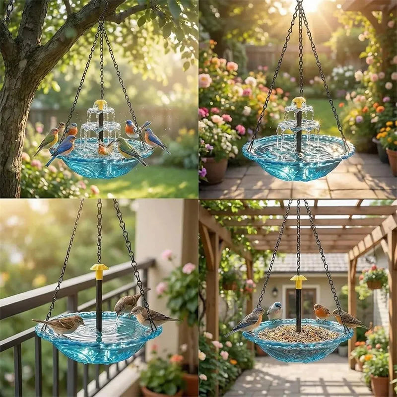 Fontaine de bain d'oiseaux solaire à plusieurs niveaux avec des marches en verre et des chaînes métalliques dans un jardin.