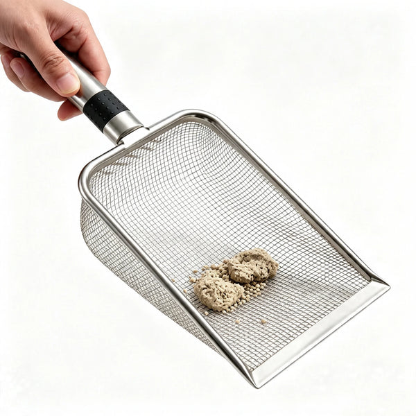 A hand is using a stainless steel cat litter scoop with a fine mesh to scoop dry litter.