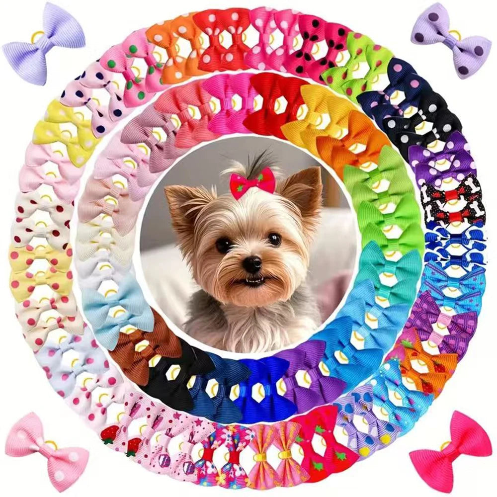 Handmade Dog Hair Bows with Rubber Bands - Colorful Wave & Flower Print Pet Grooming Accessories (50-Piece Set)
