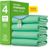 A box containing a pack of four washable medium green underpads with a blue label and branding.