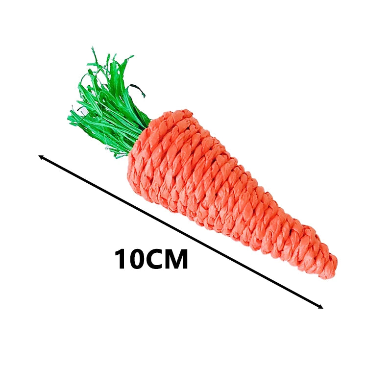 Jouet pour animaux en forme de carotte, tissé à la main, montrant sa longueur avec une échelle de 10 cm.