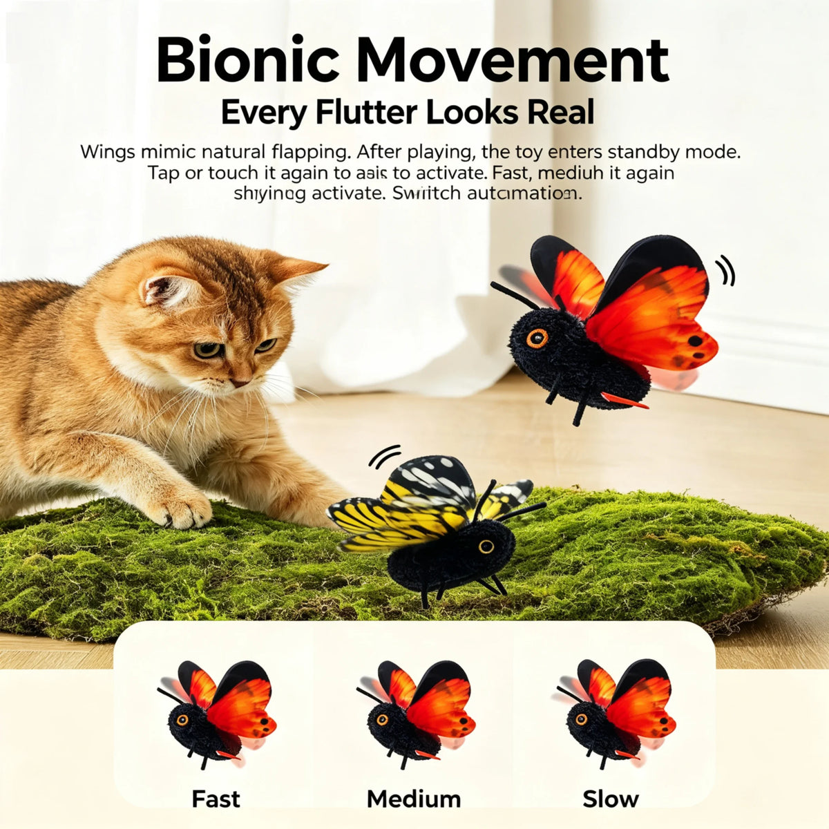 A cat is interacting with a plastic butterfly toy that mimics natural flapping movement.