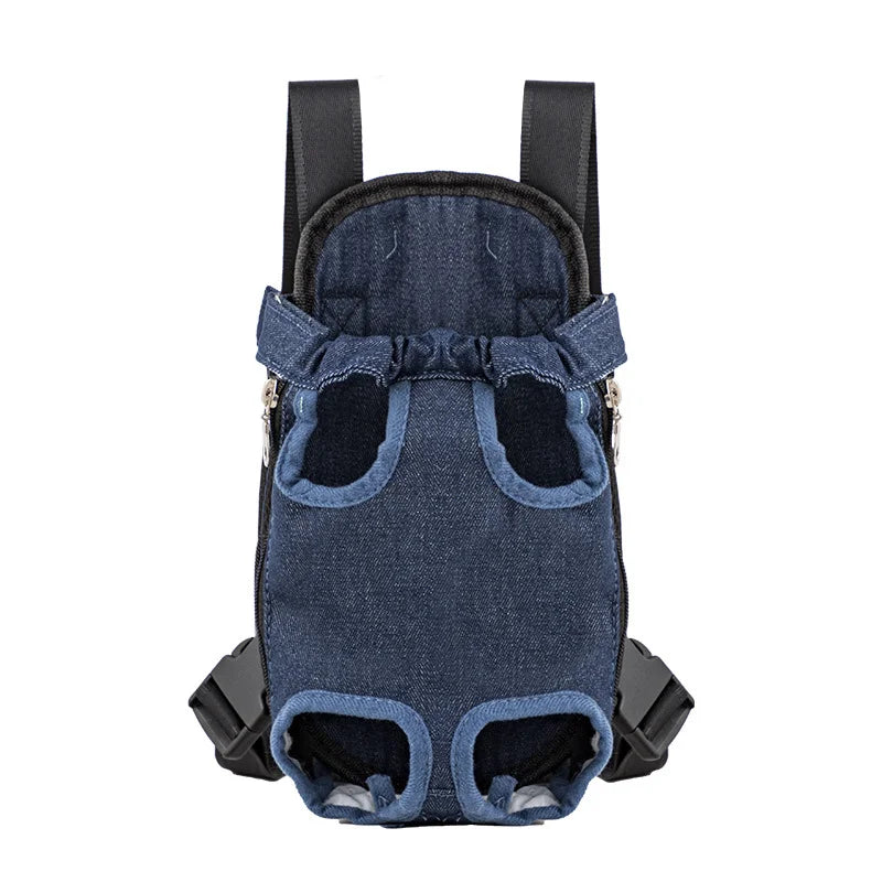 A dark blue outdoor camouflage dog carrier backpack with black straps and padded openings.