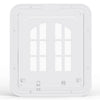 A white magnetic mesh screen door with a self-closing pet flap, shown from the top view.
