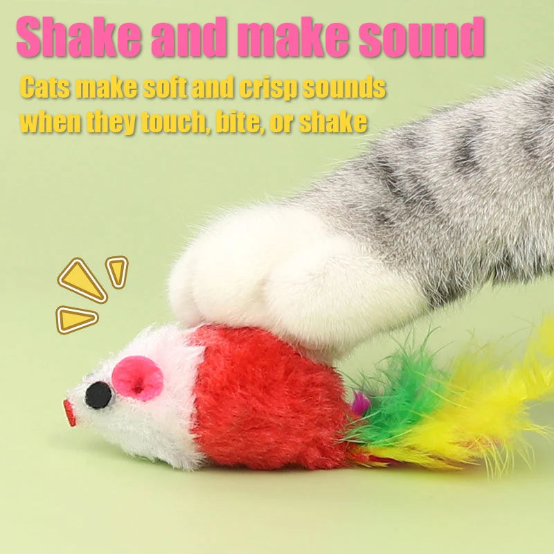 A plush mouse cat toy with a red body, white paws, and a yellow feather tail is shown against a light green background.