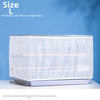 A clear mesh cover for a bird cage, shown with dimensions and a silver base.