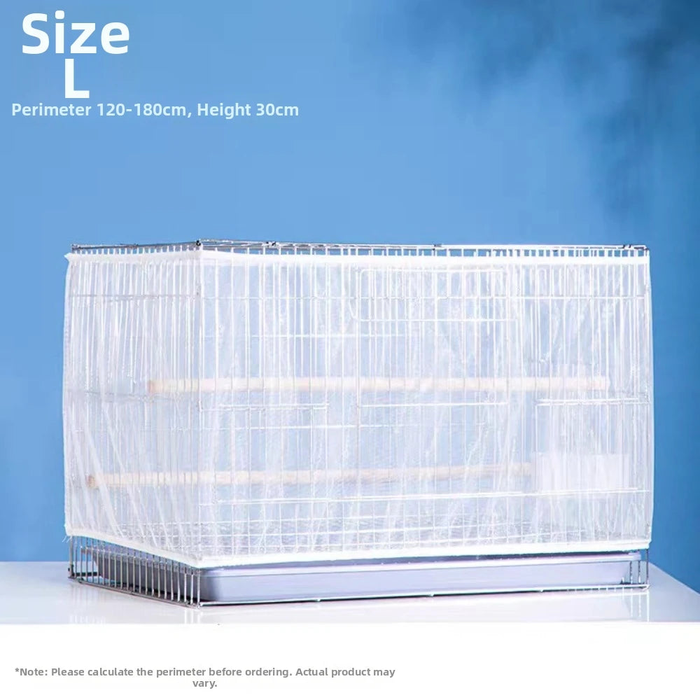 A clear mesh cover for a bird cage, shown with dimensions and a silver base.