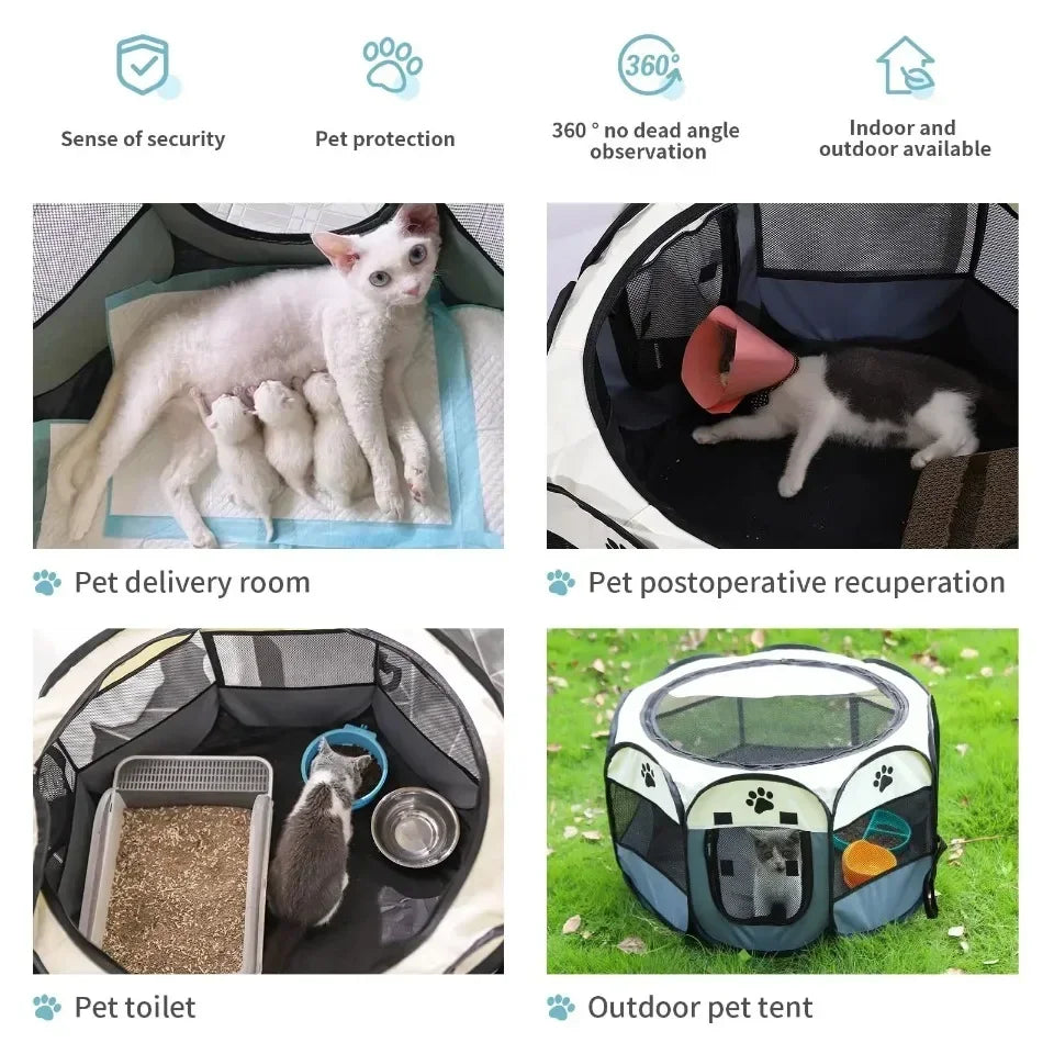 A portable foldable pet tent and playpen featuring a secure indoor/outdoor design, a pet delivery room, a pet toilet, and an 