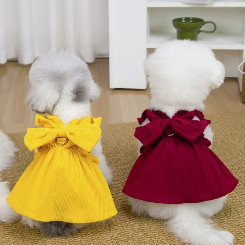 Vintage Corduroy Pet Dress with Bow and Ruffle Skirt