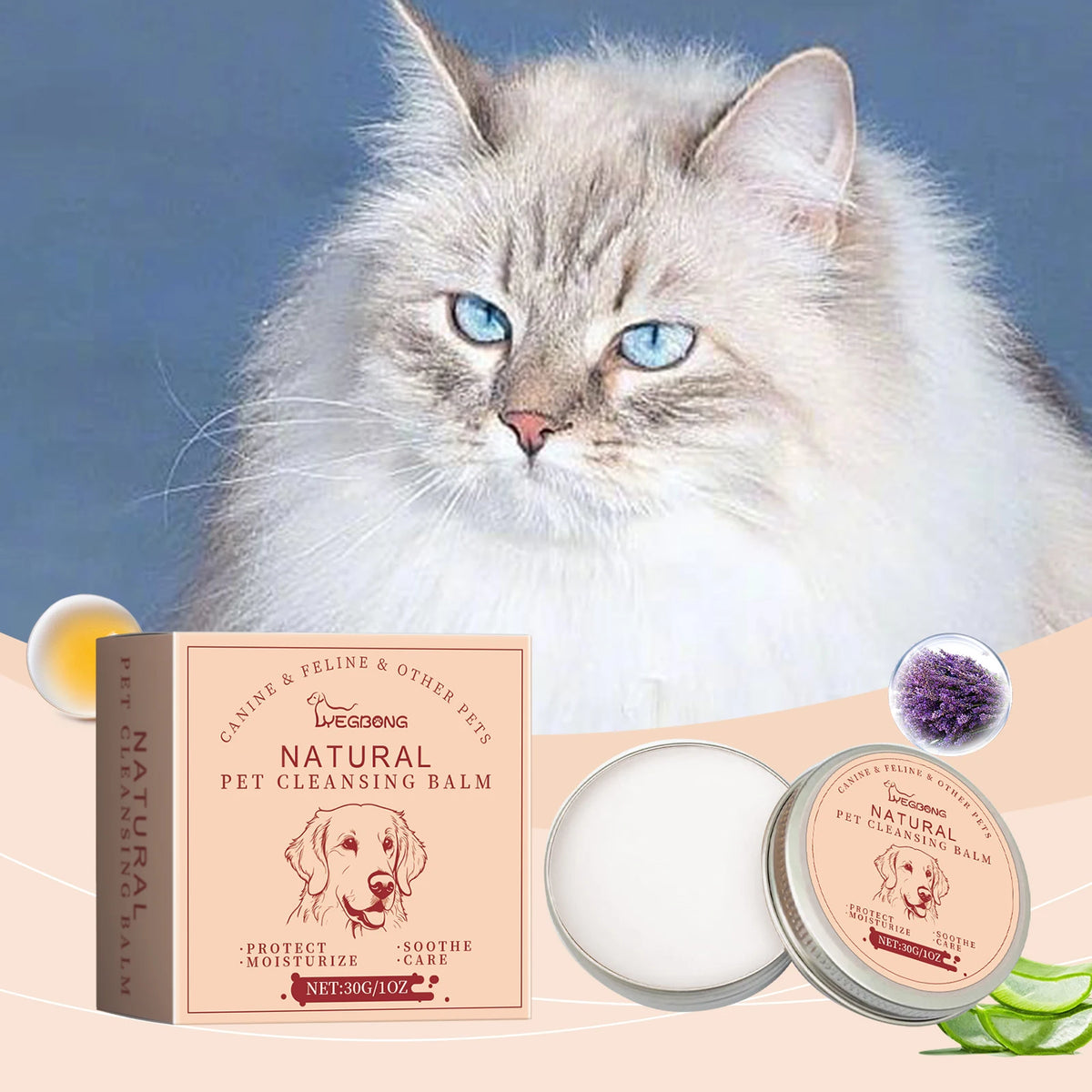 A fluffy gray cat looking at the camera next to a jar of Natural Pet Cleansing Balm for Dogs & Cats