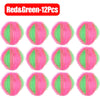 Twelve reusable lint filter balls in red and green colors.