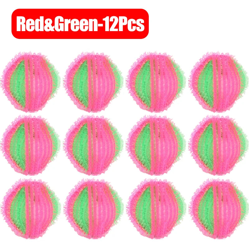 Twelve reusable lint filter balls in red and green colors.
